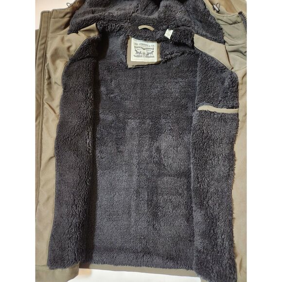 Levi’s Men’s Hooded Trucker Jacket – Size Large, Olive, Sherpa-Lined Softshell - Picture 3 of 9
